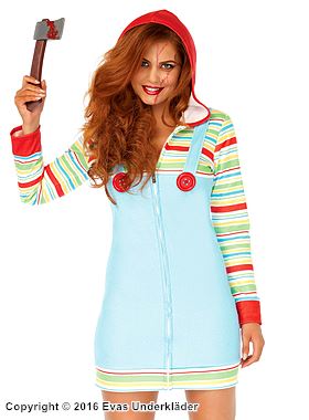 Chucky aus "Chucky – Die Mörderpuppe" (Frau), Kostüm-Kleid, Tasten, Front-Reißverschluss, horizontale Streifen